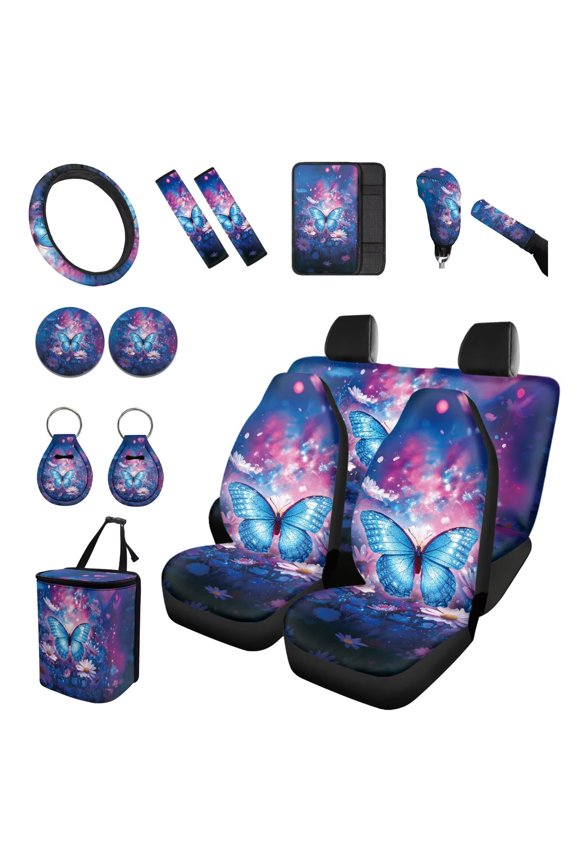 Dreamy Butterfly Daisy Car Seat Cover Full Set 15Pcs Breathable Car Front Back Seats Covers Sets with Steering Wheel Covers, Armrest Mat, Keychain Vehicle Interior Accessories