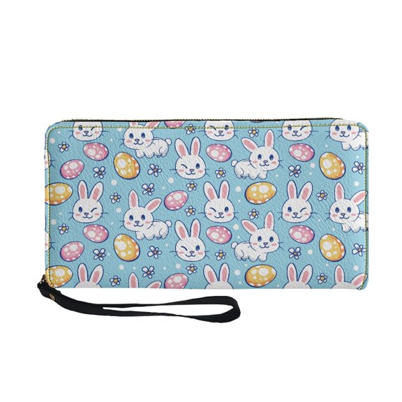 FUIALDOLG Easter Bunny Eggs Cluth Handbag with Around Zipper Zip Around Long Purse for Travel, PU Leather Women's Wallets for Shopping