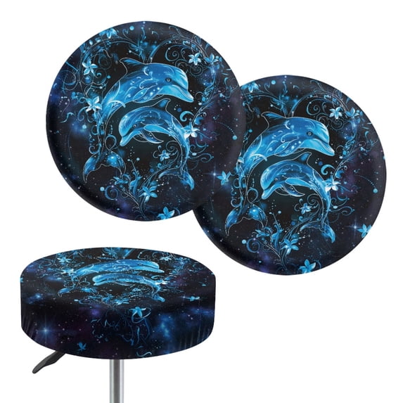 FUIALDOLG Easy to Clean Bar Stool Seat Covers, Blue Starry Dolphin Floral Polyester Soft Kitchen Chair Cover for Coffee Shop Home