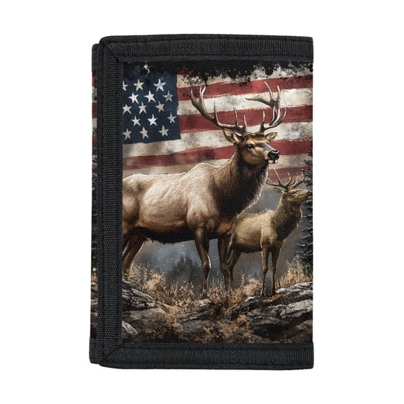 FUIALDOLG Elk American Flag Forest Trifold Card Wallet for Sports, Polyester Kids Trifold Wallet with Lightweight Slim Children's Wallet