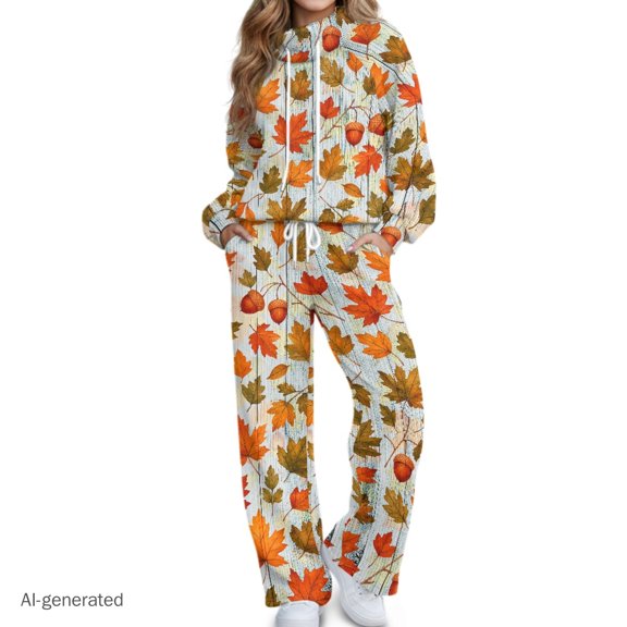 FUIALDOLG Fall Leaves Wood Cozy Womens Sweatsuits 2 Piece Set, With Pockets Soft Polyester Spandex Women's Tracksuit for Indoor Relax