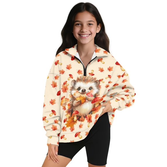 FUIALDOLG Fall Maple Leaf Hedgehog Sweatshirt Girls Clothes Long Sleeve Crewneck Hoodies Sweatshirts Comfortable Pullover Tops,13-14Years