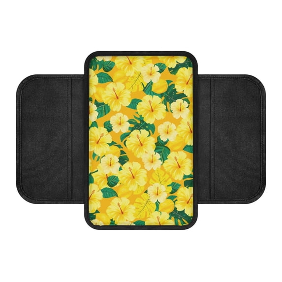 FUIALDOLG Fashion Automobile Armrest Covers for Truck, Non Slip Car Arm Rest Cover Pad Polyester Car Armrest Seat Box Cover Yellow Hibiscus Floral Design