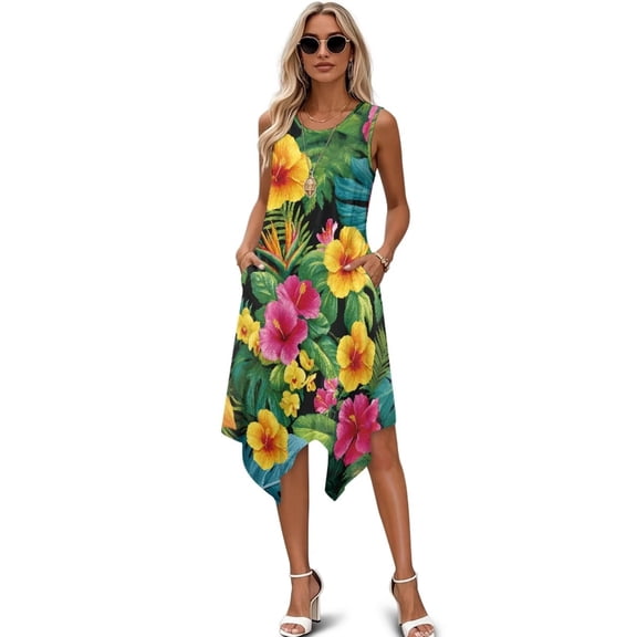 FUIALDOLG Fire Flame Summer Dress for Womens Sleeveless Round Neck Swing Sleeveless Sundresses Flowy Pleated Asymmetric Dress for Cocktail Party,3XL