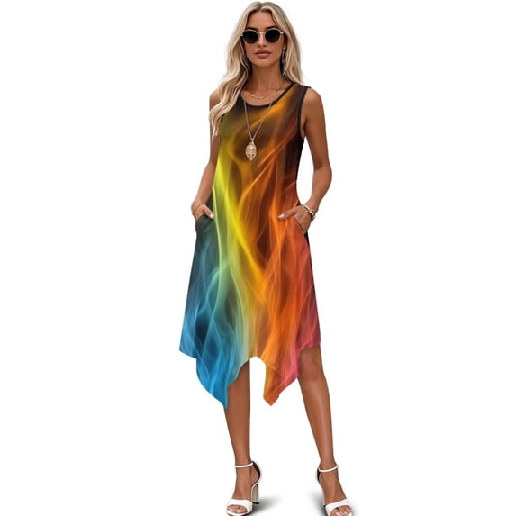 FUIALDOLG Fire Flames Dresses for Women Summer Casual Round Neck Sleeveless Ruffle A-line Flowy Midi Dress with Pocket Plus Size Dresses for Holiday Party,Casual Work,S