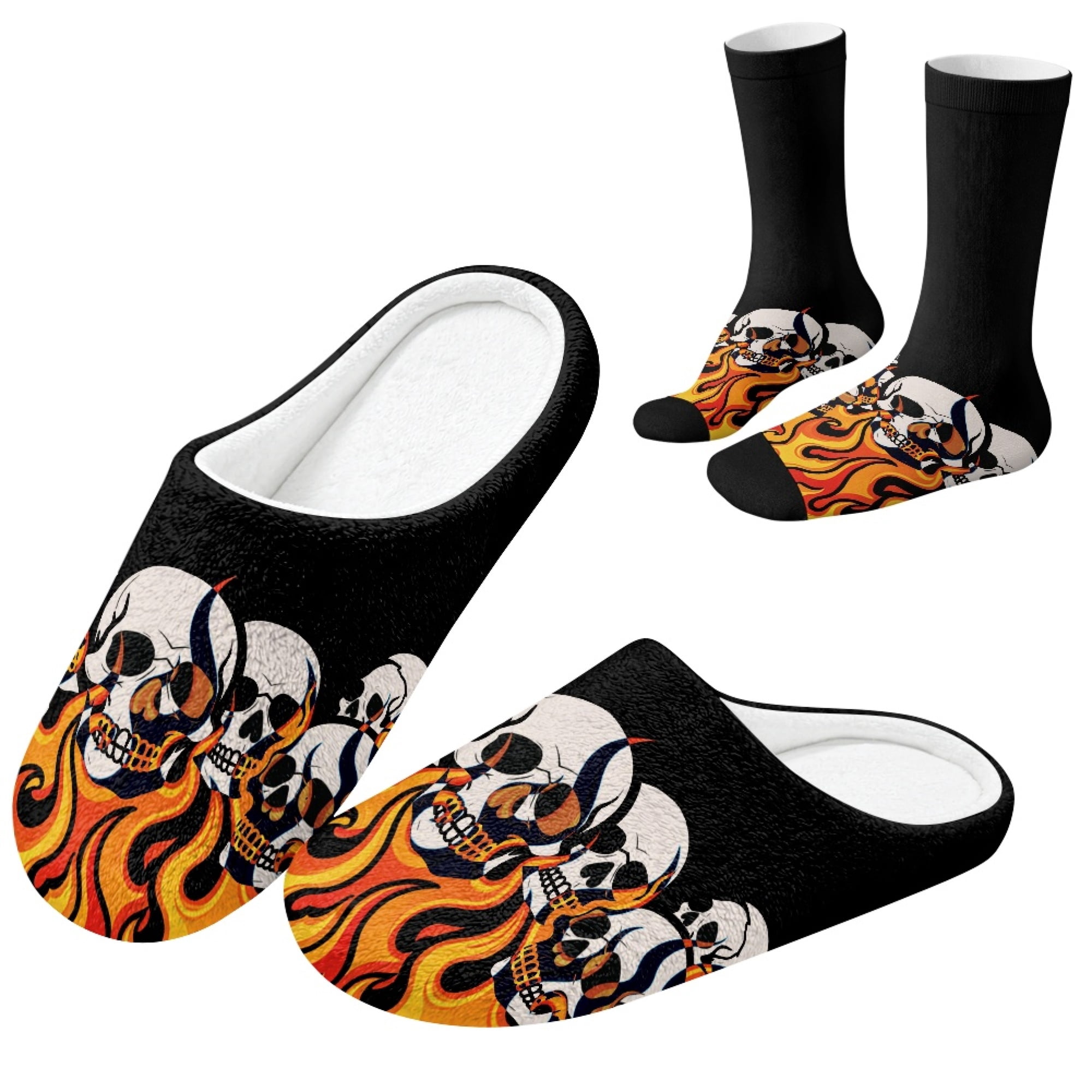 FUIALDOLG Flame Skull Halloween Lounge House Shoes Slouchy Socks Set ...