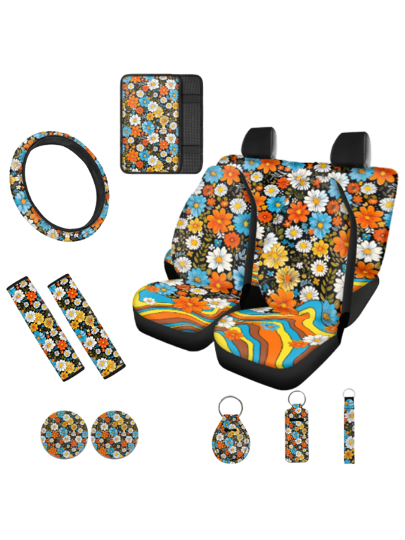 Flowers Pattern Set of 14 Car Accessories Set for Cars, Comfortable Armrest Pad Breathable Car Seat Covers Full Set