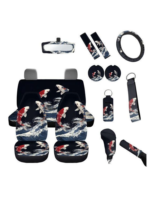 Full Set Car Seat Covers 14Pcs Red Koi Auto Front Rear Seat Cushion Accessories Sea Waves Steering Wheel Cover Rear View Mirror Seatbelt Pads Cover Cup Mat for Most Vehicles Interior