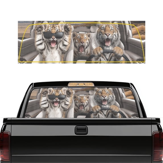 FUIALDOLG Funny Driving Tigers Truck Rear Window Decal, See through Car Rear Windshield Sunshade Easy Install 66.9 x 22.4 Inches for Most Pickup Trucks