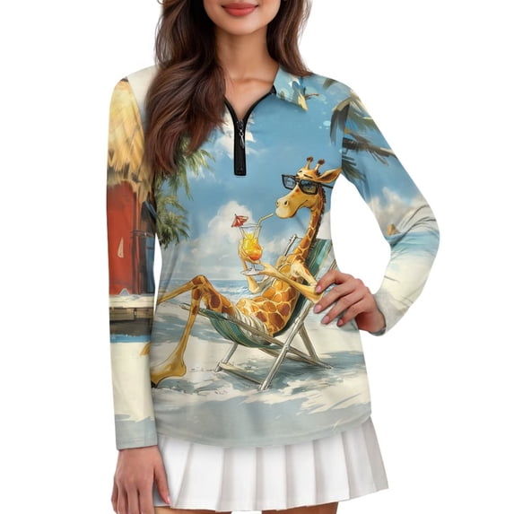 FUIALDOLG Funny Giraffe Womens Golf Shirts Long Sleeve Quarter Zip Athletic Top Pullover Summer Golf Apparel Sun Protection for Indoor and Outdoor Activity