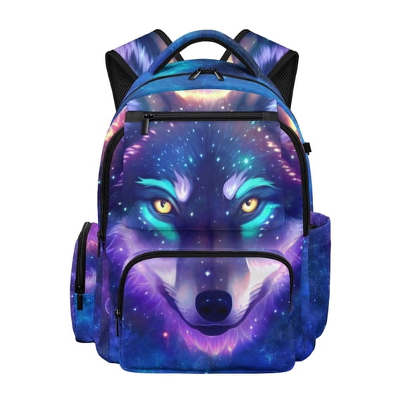 FUIALDOLG Galaxy Classic Wolf Print Multiple Zipper Pockets Shoulder Bookbag for School Sports, Multi-Pocket Padded Shoulder Straps 600D Polyester School Backpack