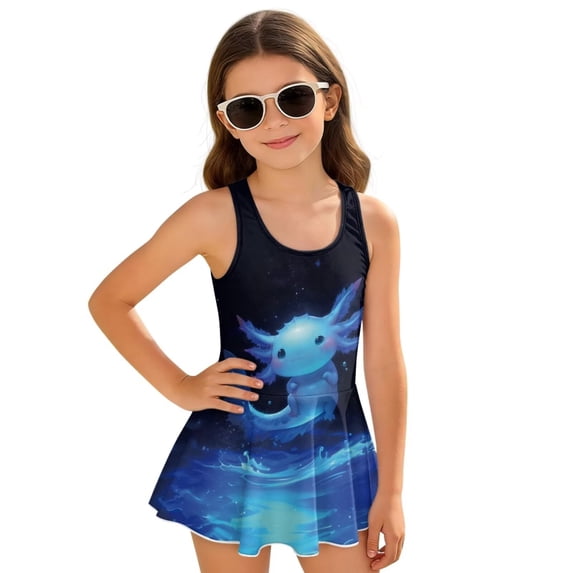 FUIALDOLG Galaxy Wolf Swimwear with Skirt for Little Girls One-piece Bathing Suit Wolf Animal Swimsuit Summer Beach Pool Party Costume Squared Neck Sleeveless Tank Top Swimsuits 10-11 Y