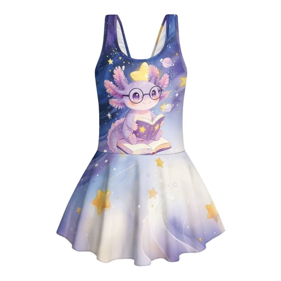 FUIALDOLG Girl One-piece swimwear Galaxy Cartoon Axolotl Swimsuit with Skirt Teens Girl Crewneck Sleeveless Swim Dress Tank Top Skirted Bathing Suit Summer Beachwear,6-7Y