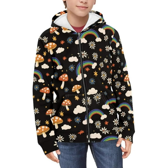 FUIALDOLG Girls & Boys Cute Mushroom Rainbow Floral Print Zipper Hoodies with Pockets Soft Zip Up Sweatshirts Girls Hooded Long Sleeve Tops 14-16 Years