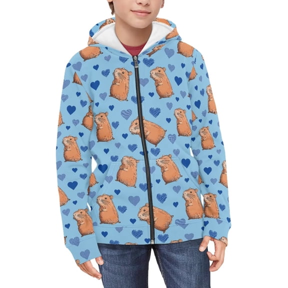 FUIALDOLG Girls Cute Graphic Print Zip Up Hoodies with Pocket Capybara Blue Hearts Print Comfort Soft Hooded Sweatshirts Winter Warm Fleece Jacket 6-7 Years