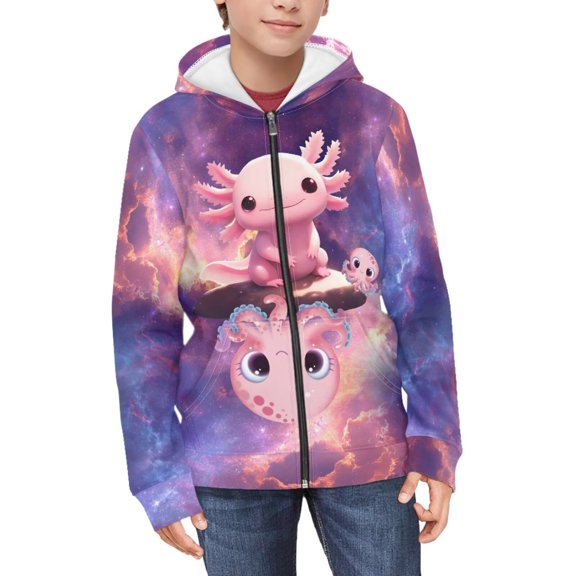 FUIALDOLG Girls Cute Graphic Print Zip Up Hoodies with Pocket Cute Axolotl Octopus Print Comfort Soft Hooded Sweatshirts Winter Warm Fleece Jacket 11-13 Years