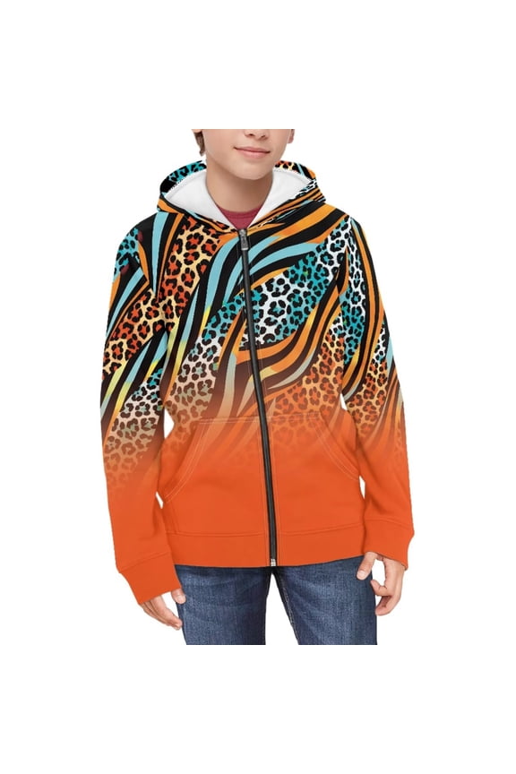 Girls Cute Graphic Print Zip Up Hoodies with Pocket Orange Leopard Zebra Stripe Print Comfort Soft Hooded Sweatshirts Winter Warm Fleece Jacket 11-13 Years
