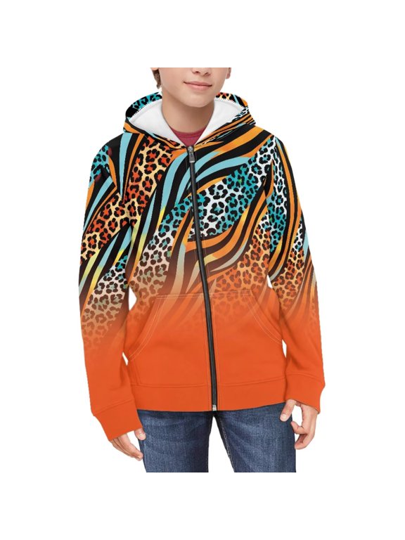 Girls Cute Graphic Print Zip Up Hoodies with Pocket Orange Leopard Zebra Stripe Print Comfort Soft Hooded Sweatshirts Winter Warm Fleece Jacket 11-13 Years