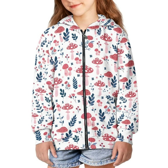FUIALDOLG Girls Cute Graphic Print Zip Up Hoodies with Pocket Pink Mushroom Floral Print Comfort Soft Hooded Sweatshirts Winter Warm Fleece Jacket 14-16 Years