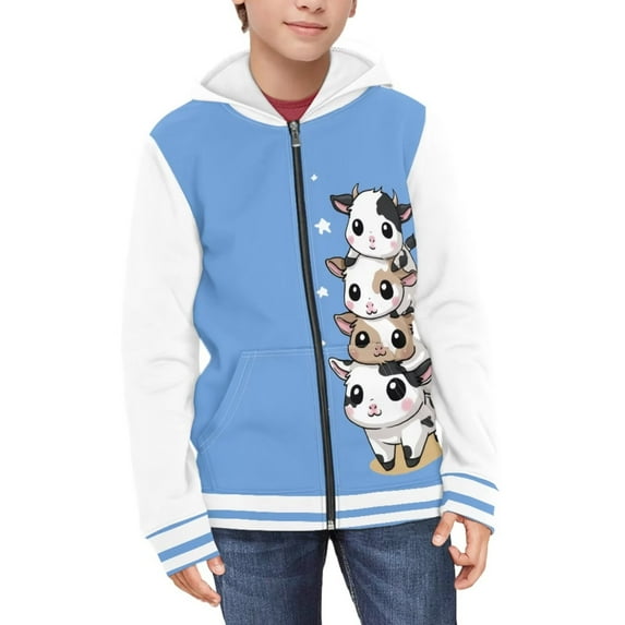 FUIALDOLG Girls Graphic Hoodies Size 8-10 Years Long Sleeve Cartoon Cow Blue Print Zip Up Hooded Sweatshirt Cute Casual Tops for Girl