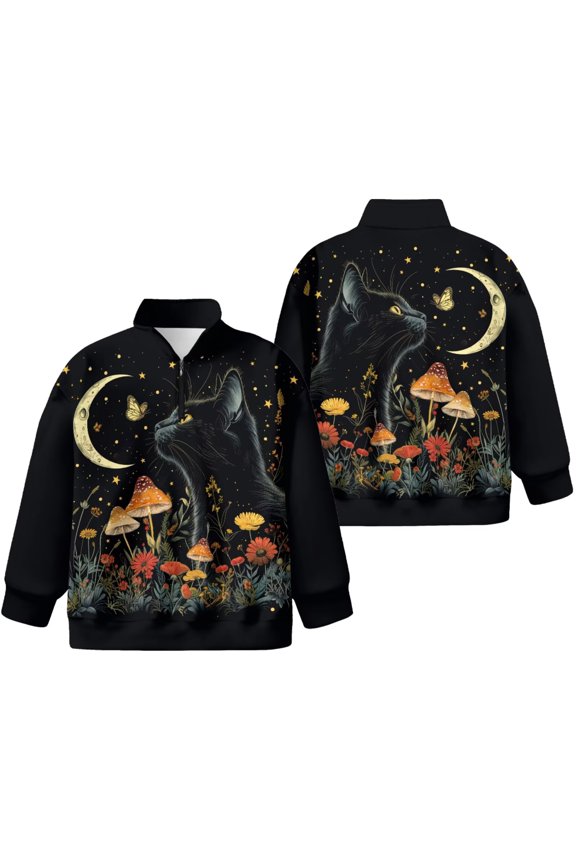 Girls Graphic Quarter Zip Sweatshirt Mushroom Moon Black Cat Hoodie Sweatshirt for Teen Girl Loose Fit Stand Collar Athletic Hoodie Casual Pullover Tops,5-6Years