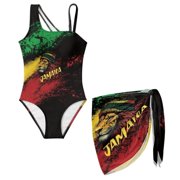 FUIALDOLG Girls Swimsuit Se Jamaica Flag and Lion Swimwear Gilrs' One Piece Swimsuit with Coverups Teenager One Shoulder Adjustable Swimwear Beachwear for Pool Party,15-16Y