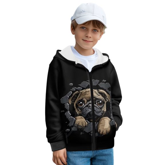 FUIALDOLG Girls Winter Jacket Pug Dog Print Hoodies Kids Full Zip Hoodie Boys Jacket Warm Cozy Outwear Coat with Pockets, Size L