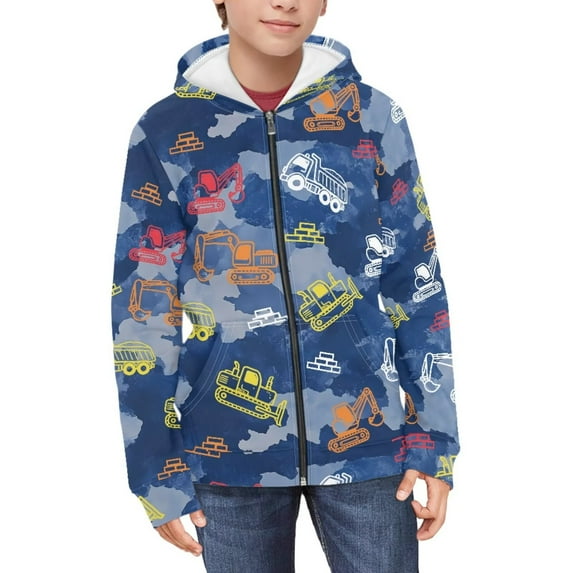 FUIALDOLG Girls Zip Up Hoodie Construction Vehicle Print Casual Long Sleeve Jacket Lightweight Sweatshirt with Pockets Winter Fall Outwear Tops 6-7 Years