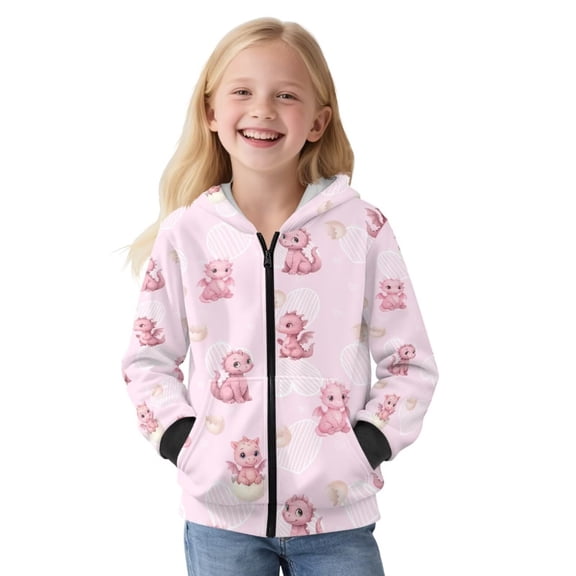 FUIALDOLG Girls Zip Up Cropped Hoodies Pink Dragon Print Teen Casual Long Sleeve Full-Zip Sweatshirts Jackets with Pockets, Size S