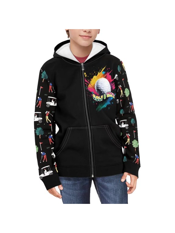 Girls Zip Up Hoodie Golf Graffiti Print Casual Long Sleeve Jacket Lightweight Sweatshirt with Pockets Winter Fall Outwear Tops 6-7 Years