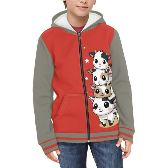 FUIALDOLG Girls Zip Up Hoodies Teen Cartoon Cow Burgundy Print Fleece Full-Zip Sweatshirts Jacket Casual Winter Fall Hoodie with Pocket 6-7 Years