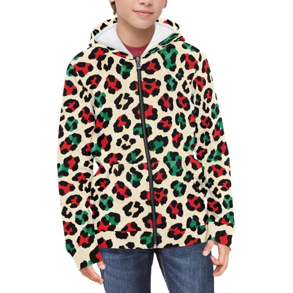 FUIALDOLG Girls Zip Up Hoodies Teen Green Red Leopard Print Fleece Full-Zip Sweatshirts Jacket Casual Winter Fall Hoodie with Pocket 14-16 Years