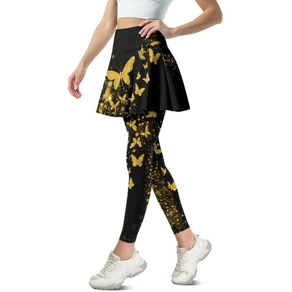 FUIALDOLG Golden Butterflies Athletic Skirt With Leggings for Women Butterfly Skirted Leggings Athletic Tennis Golf Pants Stretchy High Waist Yoga Pants with Pocket Holiday Party Costume,Size 2XL