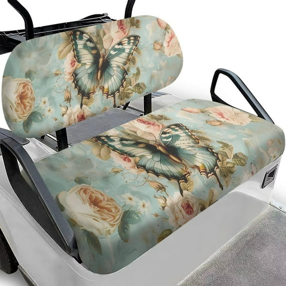 FUIALDOLG Golf Seat Covers for Cart Universal Fit Club Car Precedent Retro Butterfly Rose Print Breathable Golf Cart Bench Seat Covers Washable Fashion Accessories