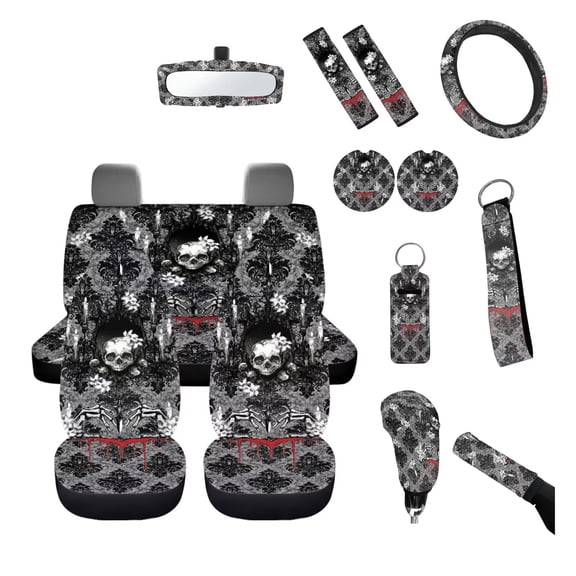 FUIALDOLG Gothic Skull Car Seat Cover Fashion Automotive Interior Set Gothic Floral Seat Cushion Cover Car Steering Wheel Cover Keychain Rearview Mirror Accessory Shift Handbrake Covers