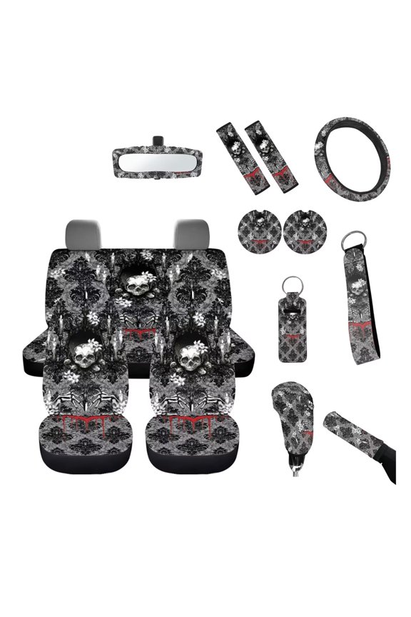 Gothic Skull Car Seat Cover Fashion Automotive Interior Set Gothic Floral Seat Cushion Cover Car Steering Wheel Cover Keychain Rearview Mirror Accessory Shift Handbrake Covers