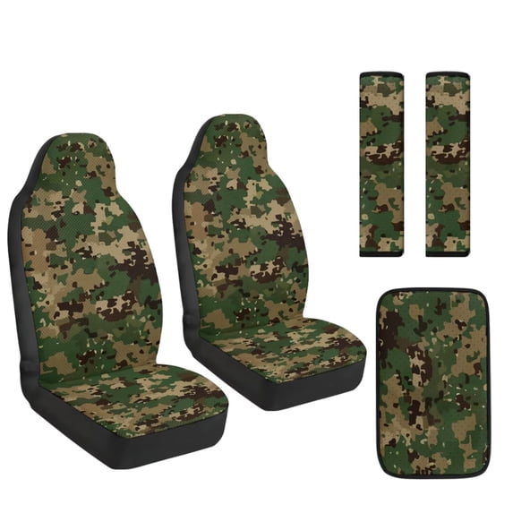 FUIALDOLG Green Camouflage Automotive Seat Covers 5 Piece Universal Fit Camouflage Car Accessories with Soft 2 Pack Seat Belt Cover Pads and Center Console Armrest Covers for SUV Truck Interior Set