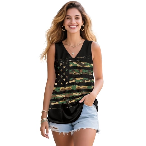FUIALDOLG Green Camouflage US Flag Tank Tops Summer Sleeveless T-shirt for Women Lady Casual V Neck Vest Basic Tee Work Outfits Y2K Clothes 4th Of July Independence Day Party Outfits,3XL