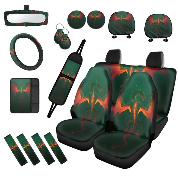 FUIALDOLG Green Dragon Print Car Seat Covers Steering Wheel Cover for Women Armrest Cushion,Seat Belt Covers Cup Holder with Keychain,Breathable Auto Interior Protector Set Universal Fit