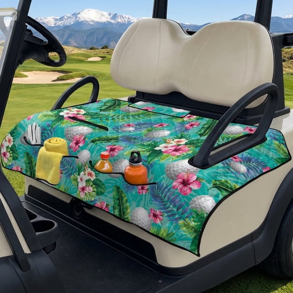 FUIALDOLG Green Golf Cart Seat Cover with Tropical Flower Green Leaf,Universal Fit Golf Cart Seat Towel with Storage Pocket Foldable Portable Club Car Seats Cushion 51x30Inch