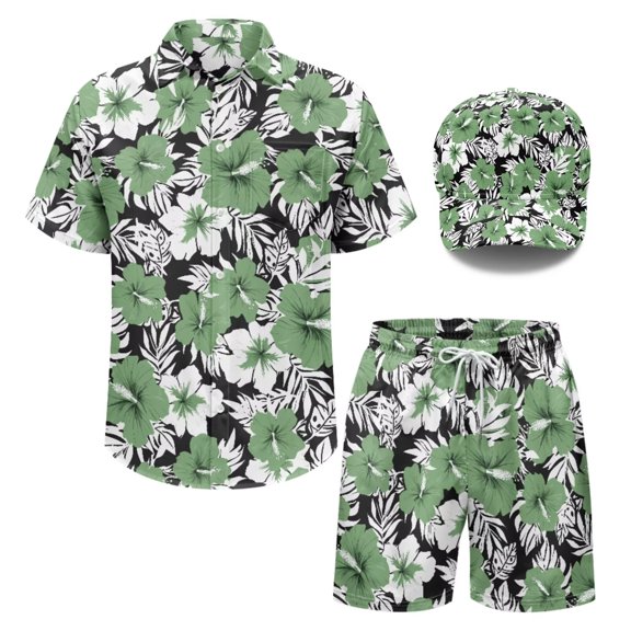 FUIALDOLG Green Hibiscus Print 2 Pieces Outfits for Men,Summer Beach Outfit Button Down Shirts and Shorts Tropical Hawaiian Shirt Shorts with Matching Hats
