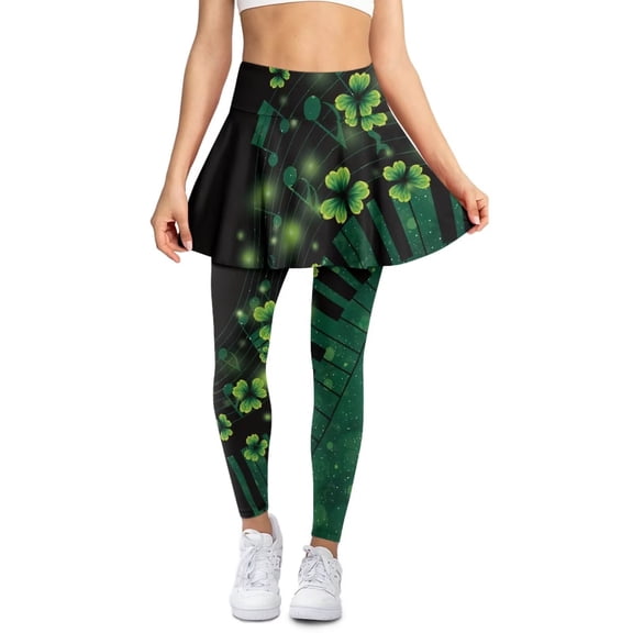 FUIALDOLG Green Leaves Music Note Womens Tennis Skirt Leggings Womens High Waist Yoga Pants With Pocket Soft Full Length Workout Trousers St Patrick Day Leggings Party Outfit,Size M