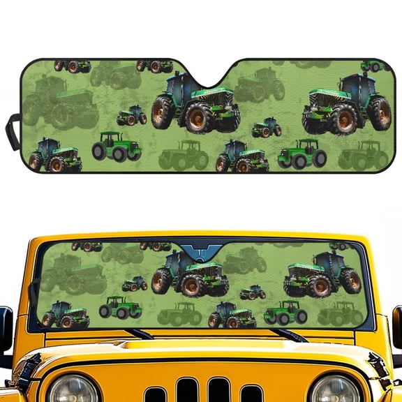 FUIALDOLG Green Tractor Windshield Sun Shade for Car Off-road Vehicle Auto SUV Truck Foldable Front Window Sunshade Sun Visor Protector Block UV Rays Reflect Heat, 52.95" x 16.14"