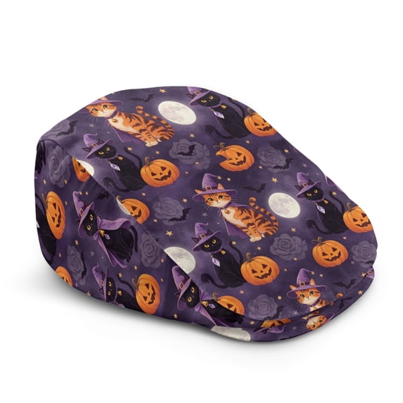 FUIALDOLG Halloween Cat Pumpkin Print Beret Hat, Lightweight Retro Forward Head Hat Soft Newsboy Forward Cap for Walking Driving