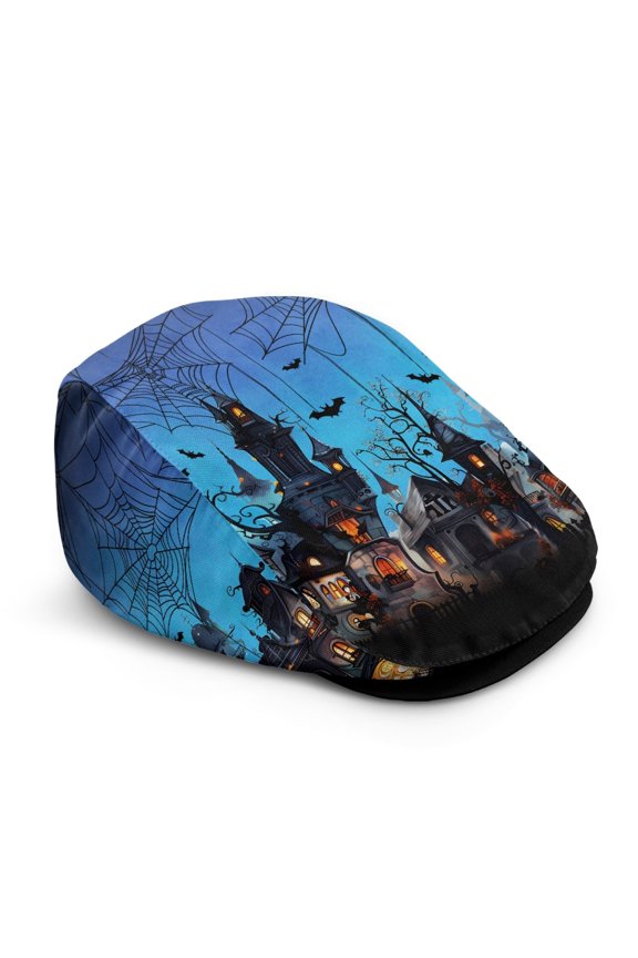 Halloween Haunted Castle Polyester Forward Flat Cap with Wrinkle-Resistant, Sweat Proof Soft Beret Hat for Shopping Driving Hiking