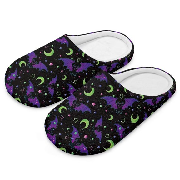 FUIALDOLG Halloween House Slippers for Women Purple Bat Moon Print Comfortable Non-slip Indoor Slippers Closed Toe Soft Bedroom Shoes