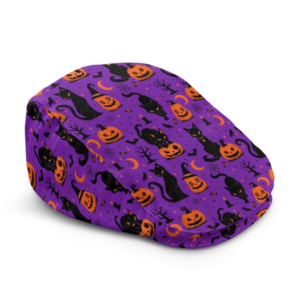 FUIALDOLG Halloween Pumpkin Cat Pattern Forward Newsboy Hat, Vintage Adjustable Flat Cap Lightweight Flat Newsboy Hat for Hunting Outdoor