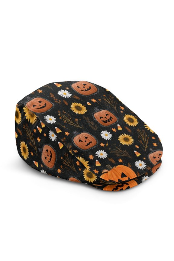 Halloween Pumpkin Floral Polyester Flat Cap with Adjustable Strap, Soft Retro Forward Newsboy Hat for Outdoor Travel Driving