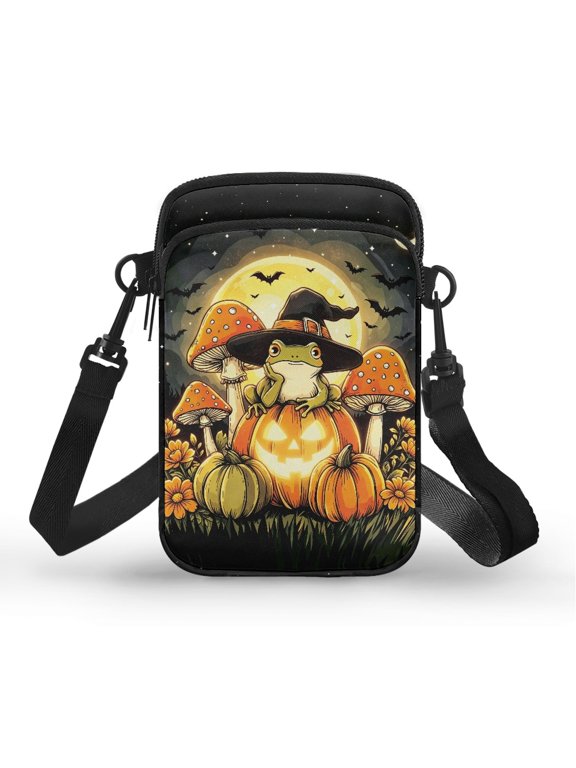 Halloween over Shoulder Purse Featuring Witch Frog Pumpkin, Mini Lightweight Polyester Messenger Purse for Work and Travel