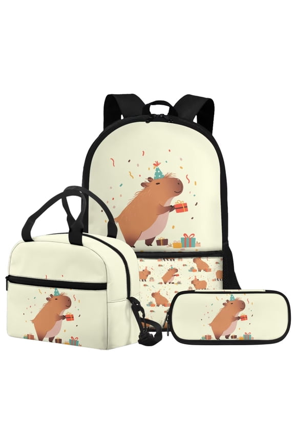 Happy Capybara Backpack with Lunch Box Pencil Case 3 Piece School Bookbag Elementary Middle School Backpack Capybara Book Bag Lunchbag Pencil Bag for Boys Girls